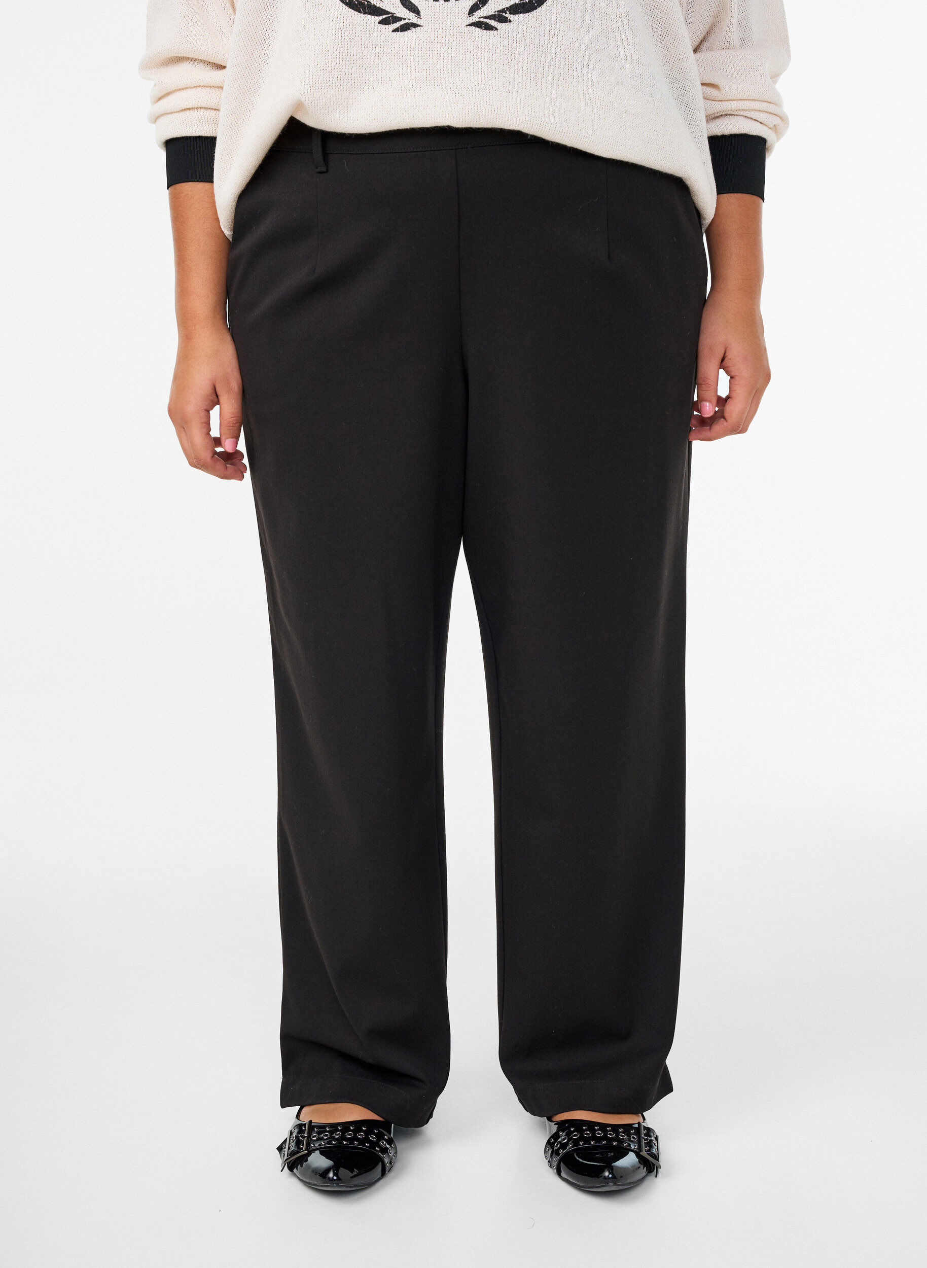Zizzifashion Trousers with high waist and elastic waistband at back, Black, Model image number 2