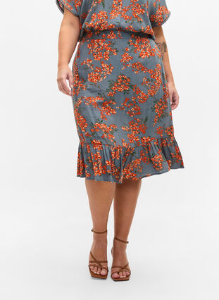Printed skirt with elasticated waistband and pleats, Balsam Green Flower, Model image number 3