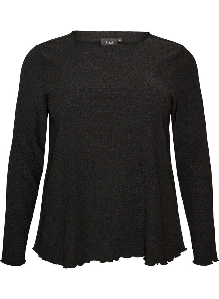Textured blouse with wavy edges, Black, Packshot image number 0