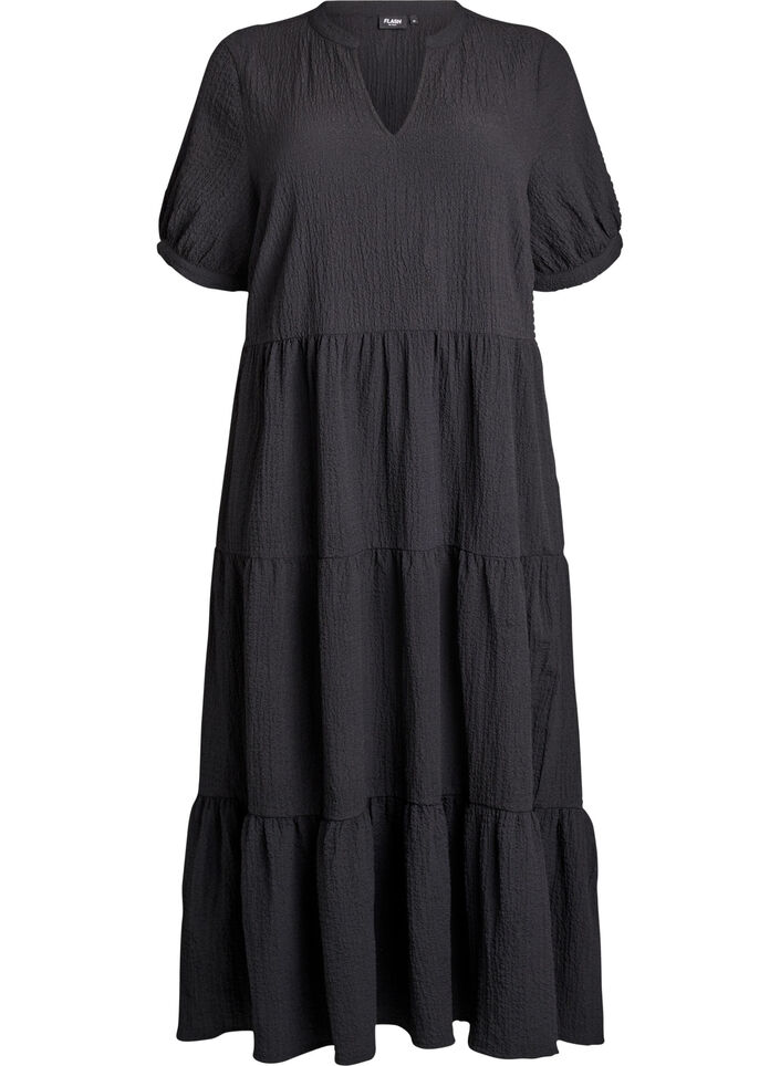 Ankle-length dress with short sleeves and tiered ruffles, Black, Packshot image number 0