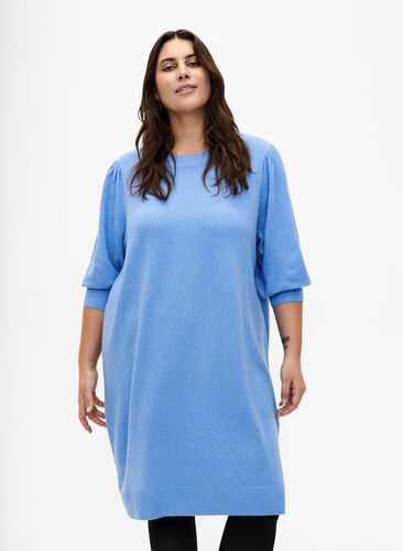 Knitted dress with 3/4 puff sleeves, Blue B. /White Mel., Model image number 0