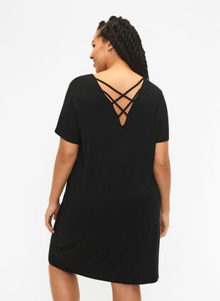 Short-sleeved viscose dress with back detail, Black, Model image number 1