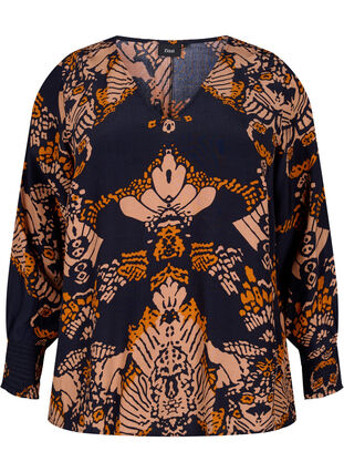 Printed viscose blouse with long sleeves and smocking, Night Sky Art AOP, Packshot image number 0