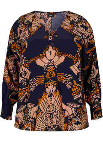 Printed viscose blouse with long sleeves and smocking
