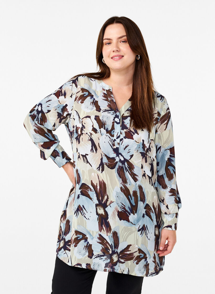 Long-sleeved tunic with print, Grey Flower AOP, Model image number 0