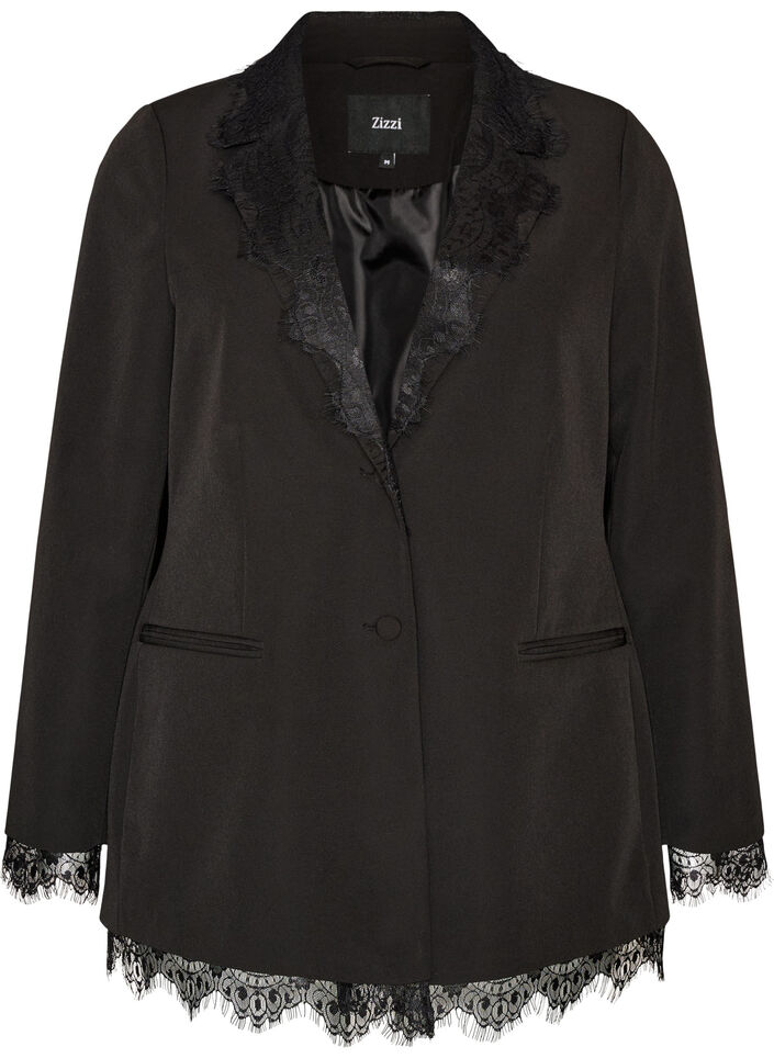 Blazer with lace trim, Black, Packshot image number 0