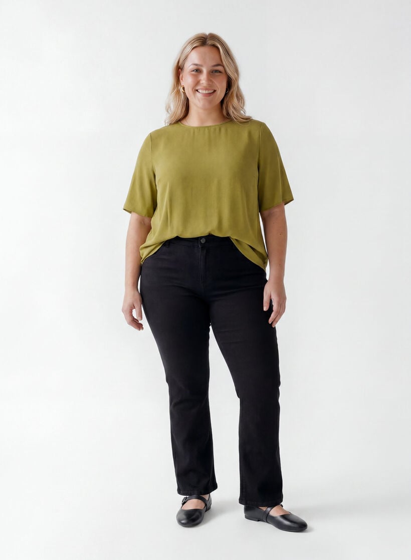 Short-sleeved woven blouse with round neck, Green, Model image number 1