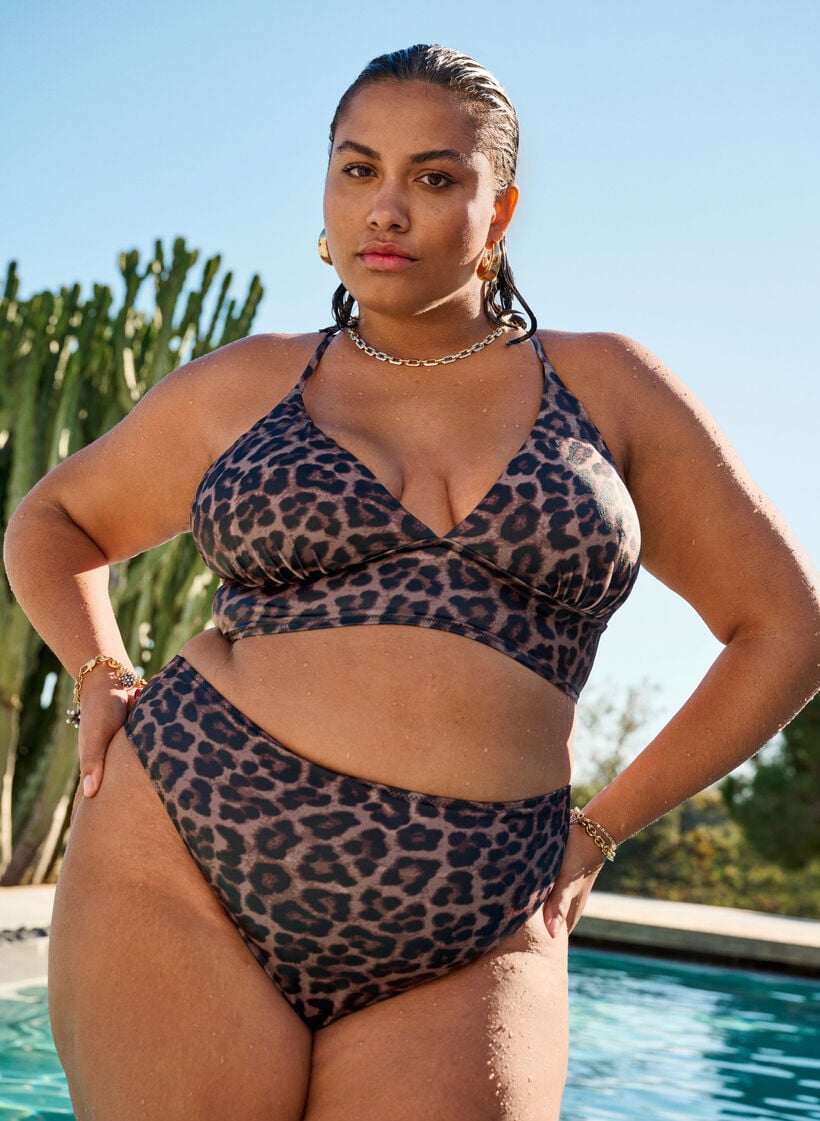 Floral bikini top with tie back, Brown, Image image number 0