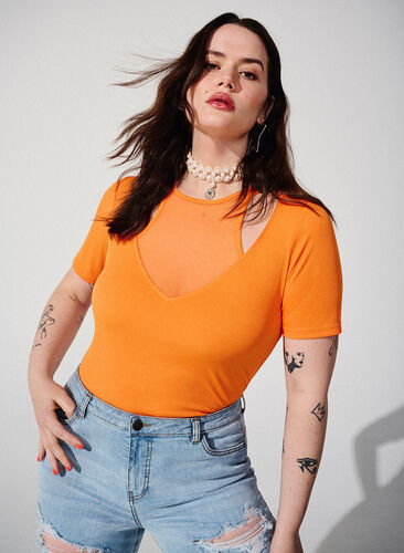 Tight-fitting V-neck blouse with mesh detail, Vibrant Orange, Image image number 0