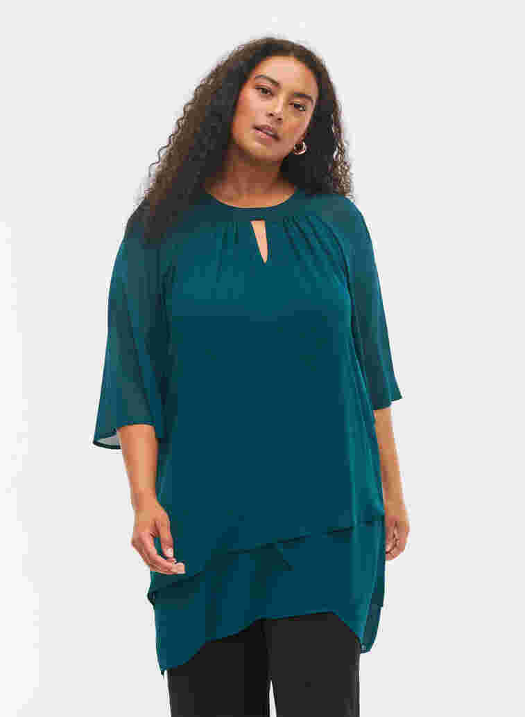 Chiffon blouse with 3/4 sleeves, Deep Teal, Model image number 0