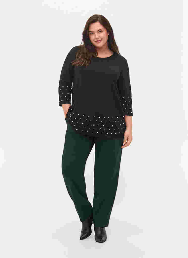 Blouse with beads and 3/4 sleeves, Black, Model