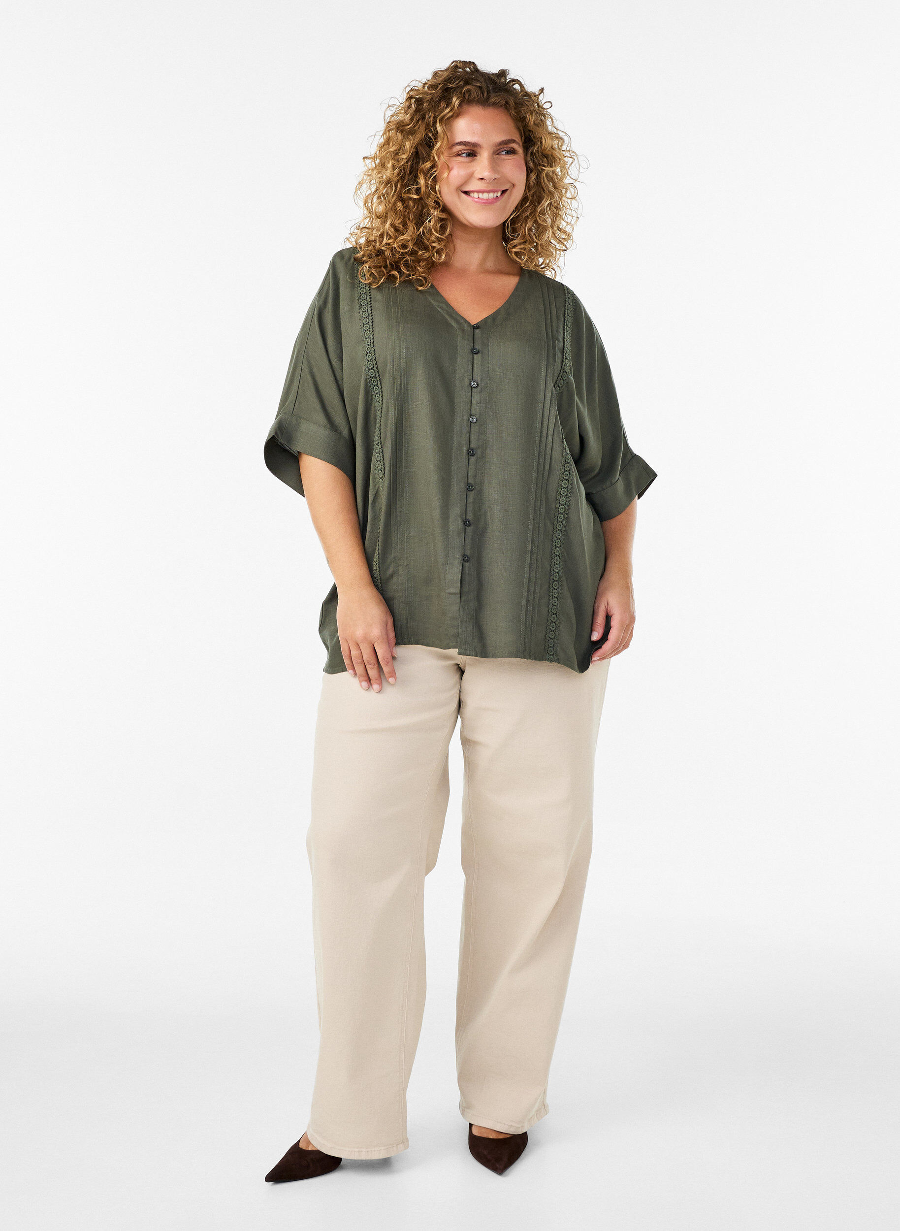 ZizzifashionViscose blouse with crochet trim and buttons, Green, Model image number 1