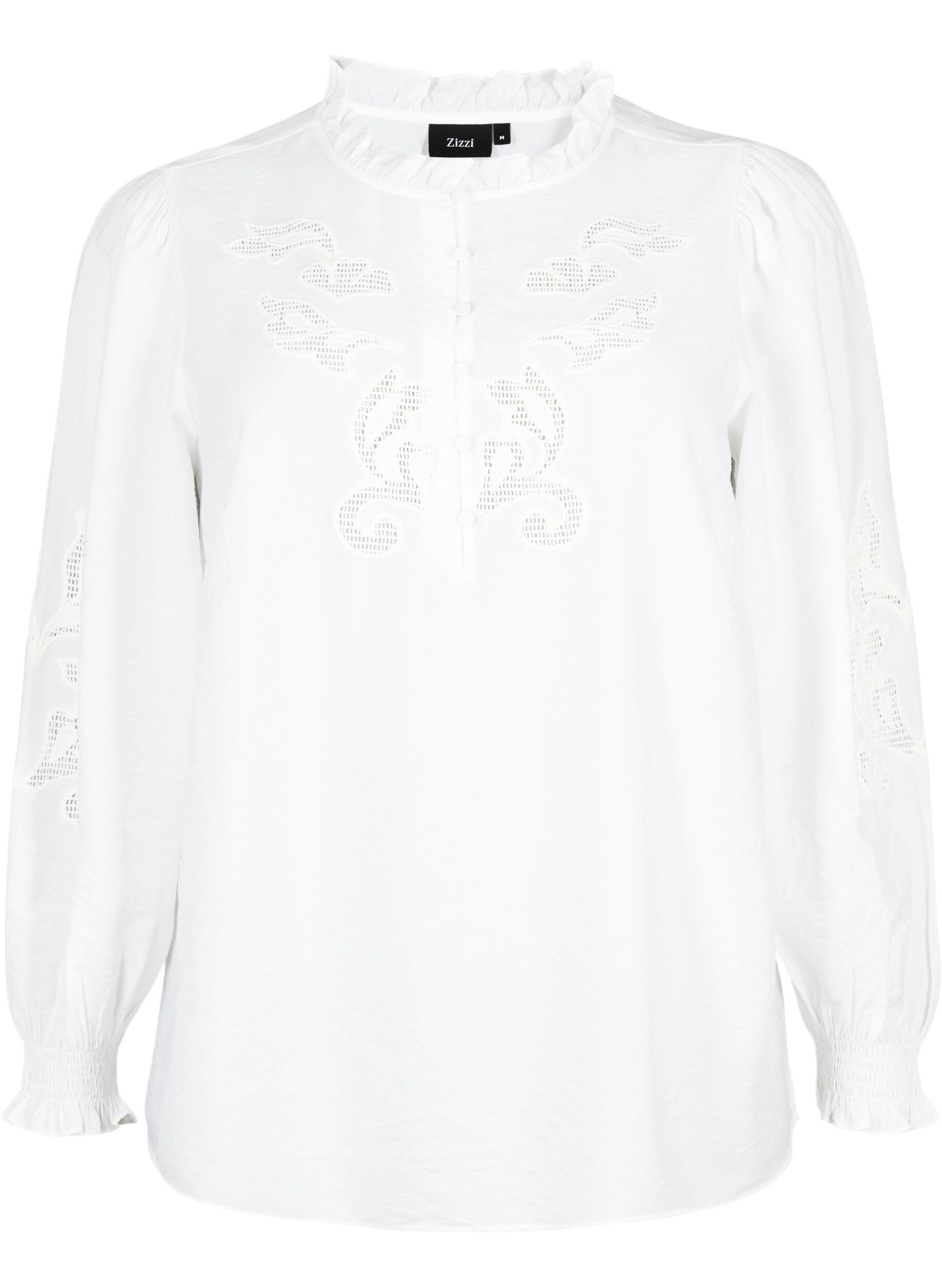 Zizzifashion Blouse with ruffles and broderie anglaise, Bright White, Packshot image number 0
