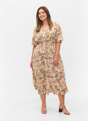 Short-sleeved printed viscose midi dress, Curry Graphic AOP, Model image number 2