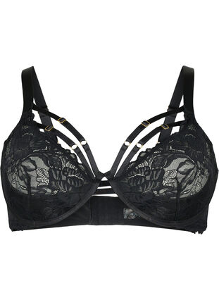 Full cover bra with lace and strings, Black, Packshot image number 0