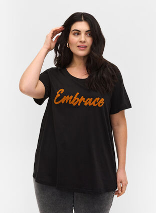Short-sleeved cotton t-shirt with print, Black Embrace, Model image number 0