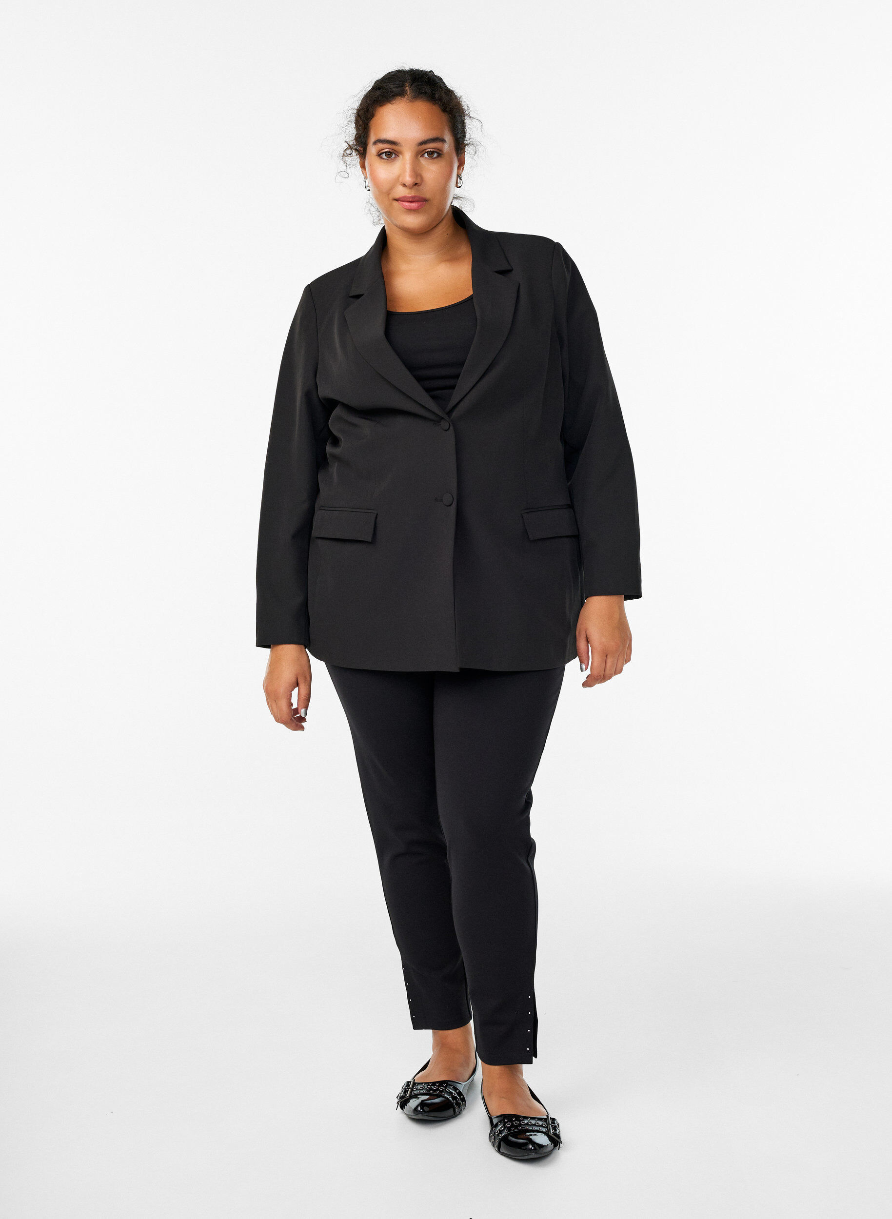 Zizzifashion Leggings with slits and small rhinestones, Black, Model image number 1