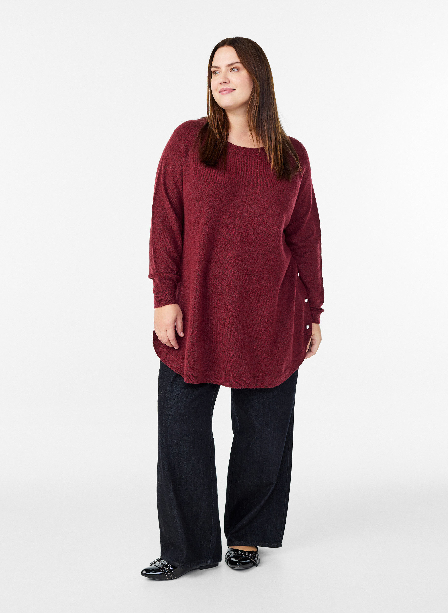 ZizzifashionLong knitted blouse with ball buttons, Dark Bordeaux, Model image number 1