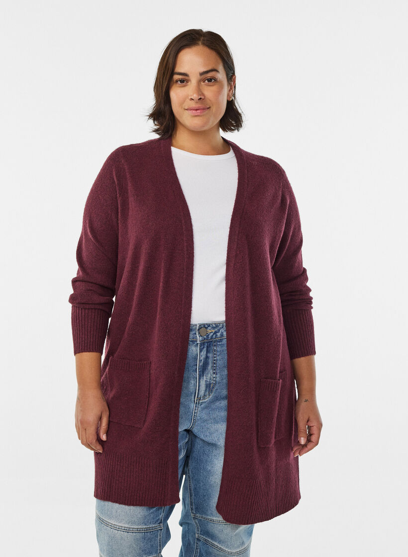 Ribbed Knit Cardigan with Pockets, Dark Bordeaux, Model image number 0
