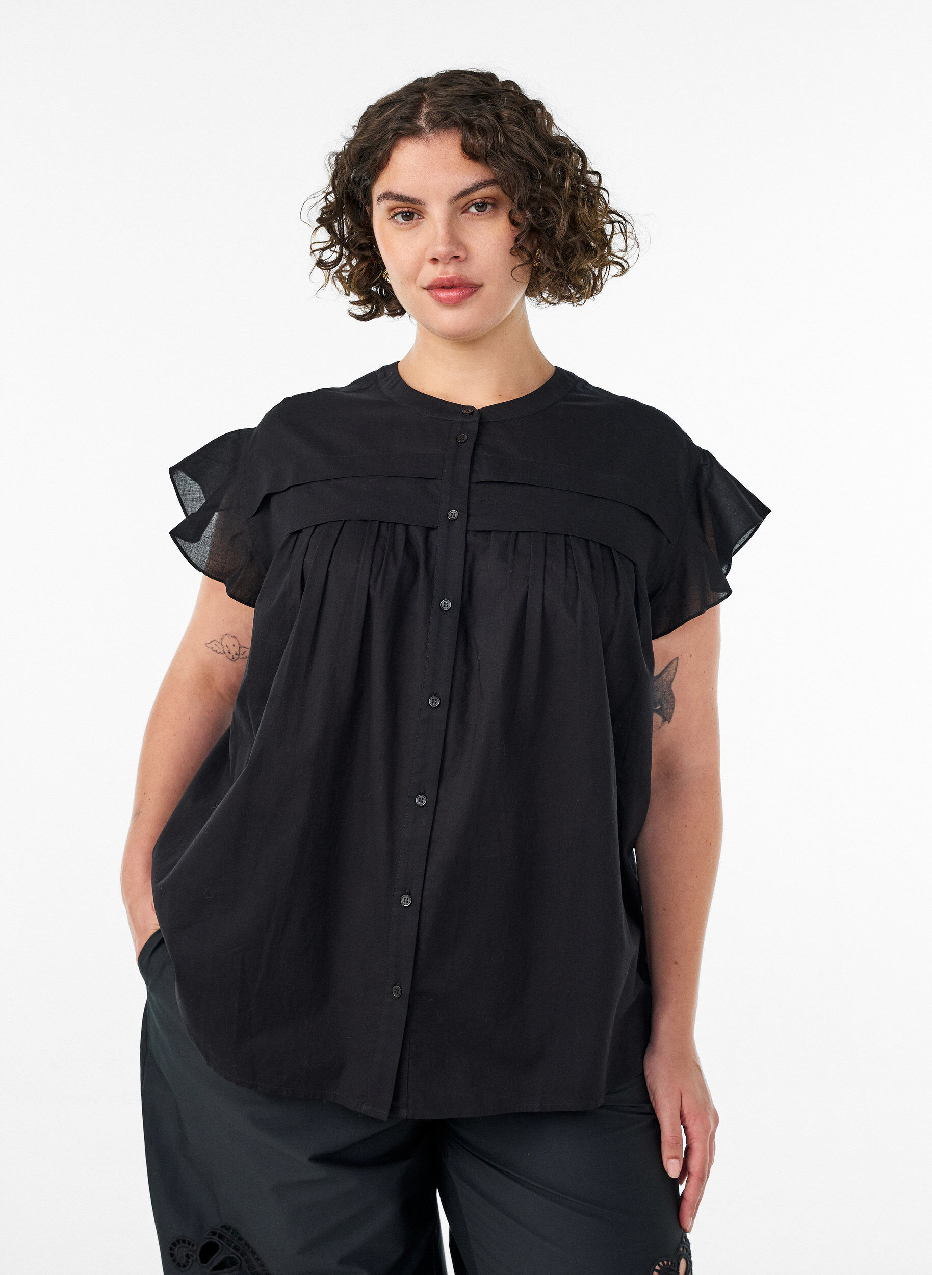 ZizzifashionSleeveless A-line cotton shirt blouse, Black, Model image number 0