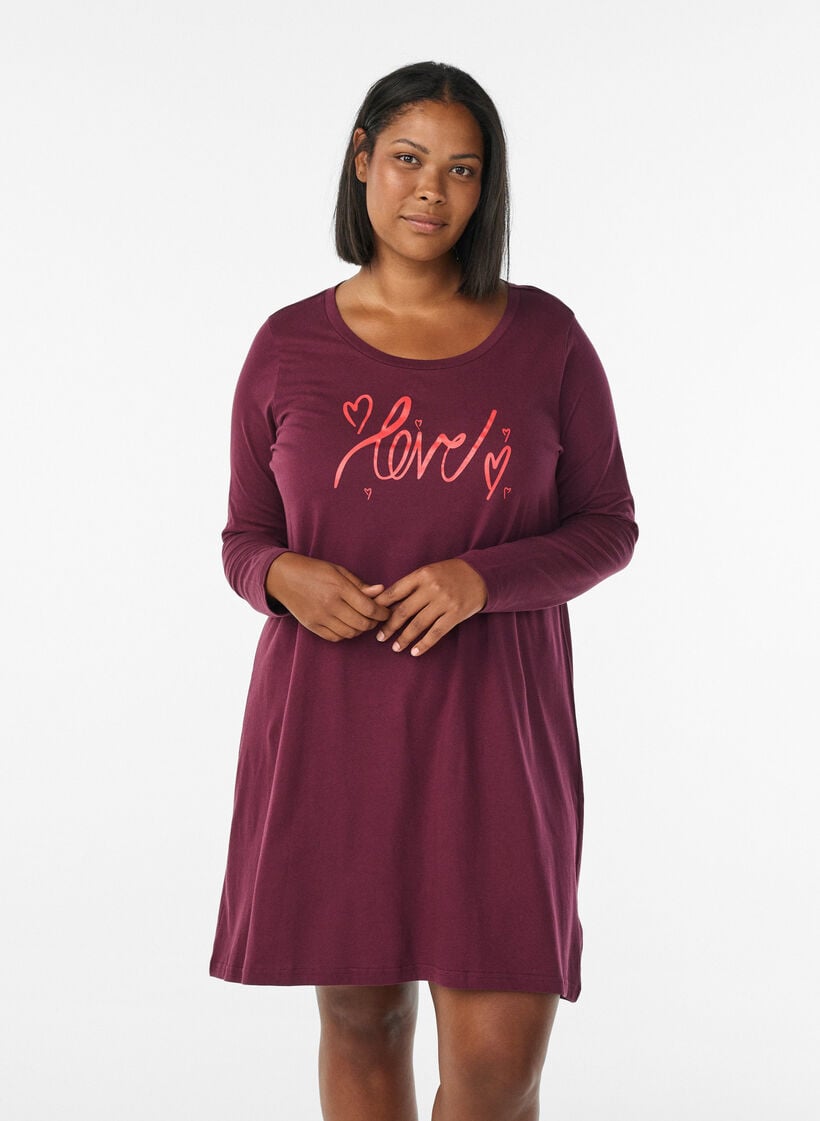 Long-sleeved nightgown in organic cotton, Dark Bordeaux, Model image number 0