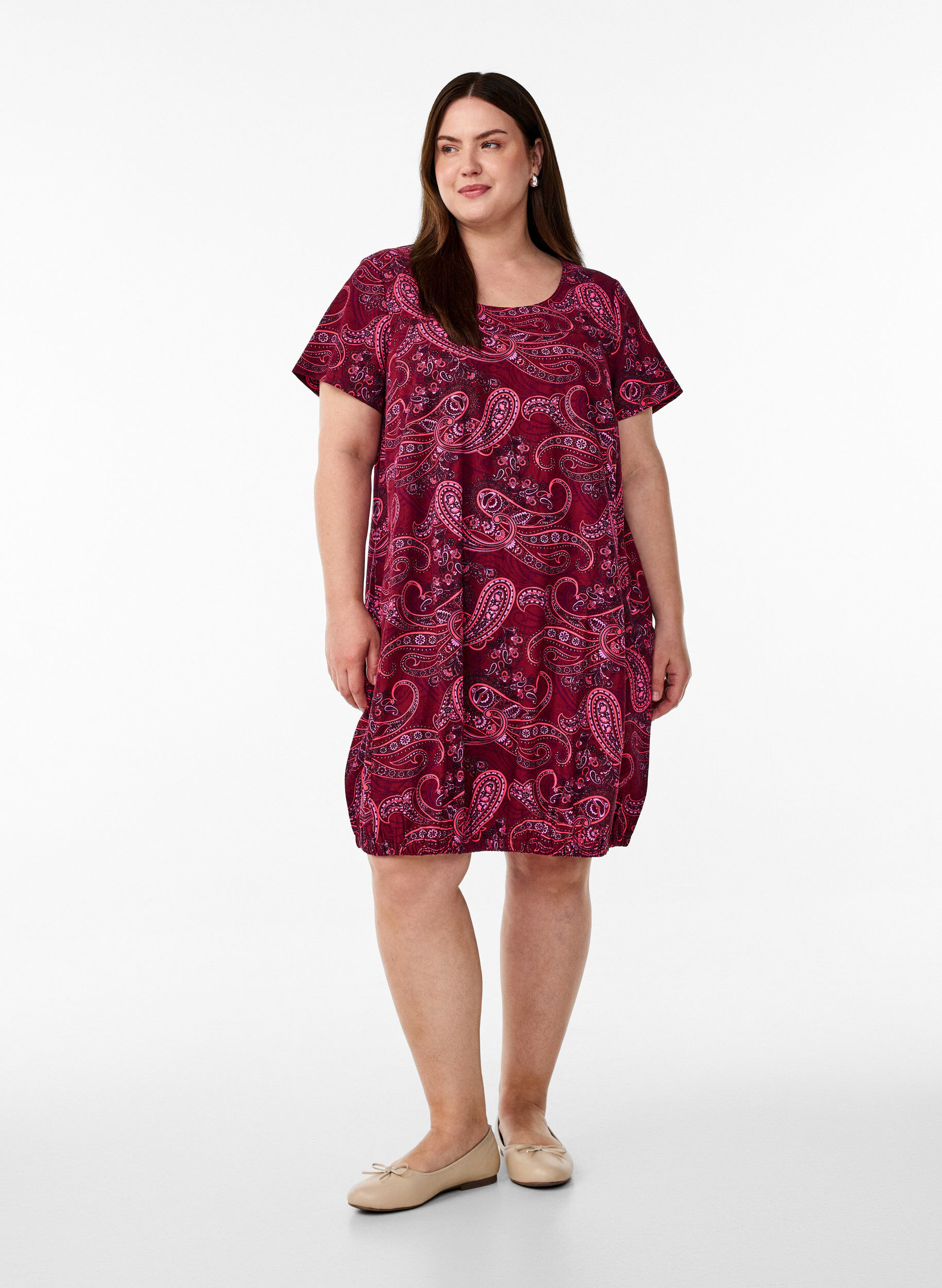 ZizzifashionShort-sleeved cotton dress with print, Red, Model image number 1