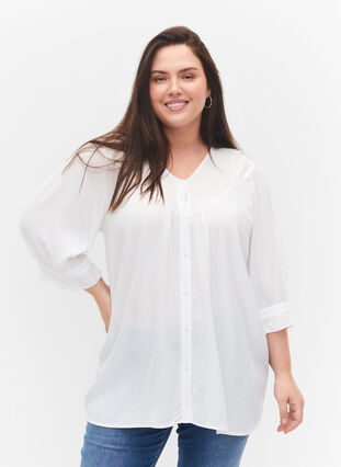Viscose blouse with 3/4 sleeves and ruffle details, Bright White, Model image number 0