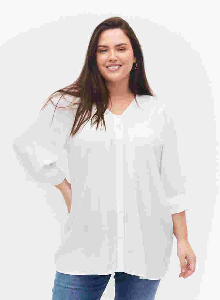 Viscose blouse with 3/4 sleeves and ruffle details, Bright White, Model
