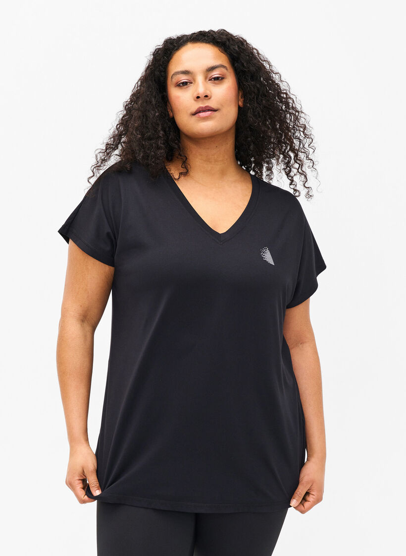 Loose training t-shirt with v-neck, Black, Model image number 0