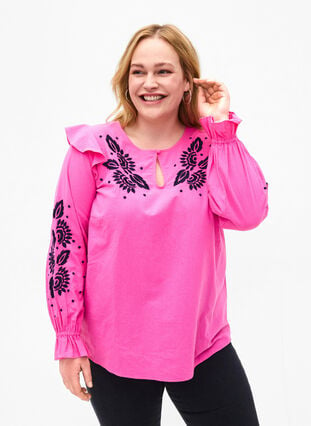 Cotton blouse with embroidery and ruffles, Pink P. w. Navy, Model image number 0