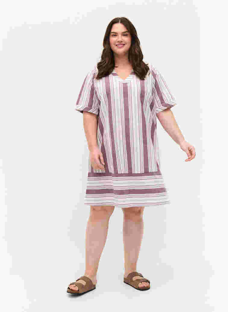 Striped cotton dress with short sleeves, Vineyard Wine Stripe, Model image number 2