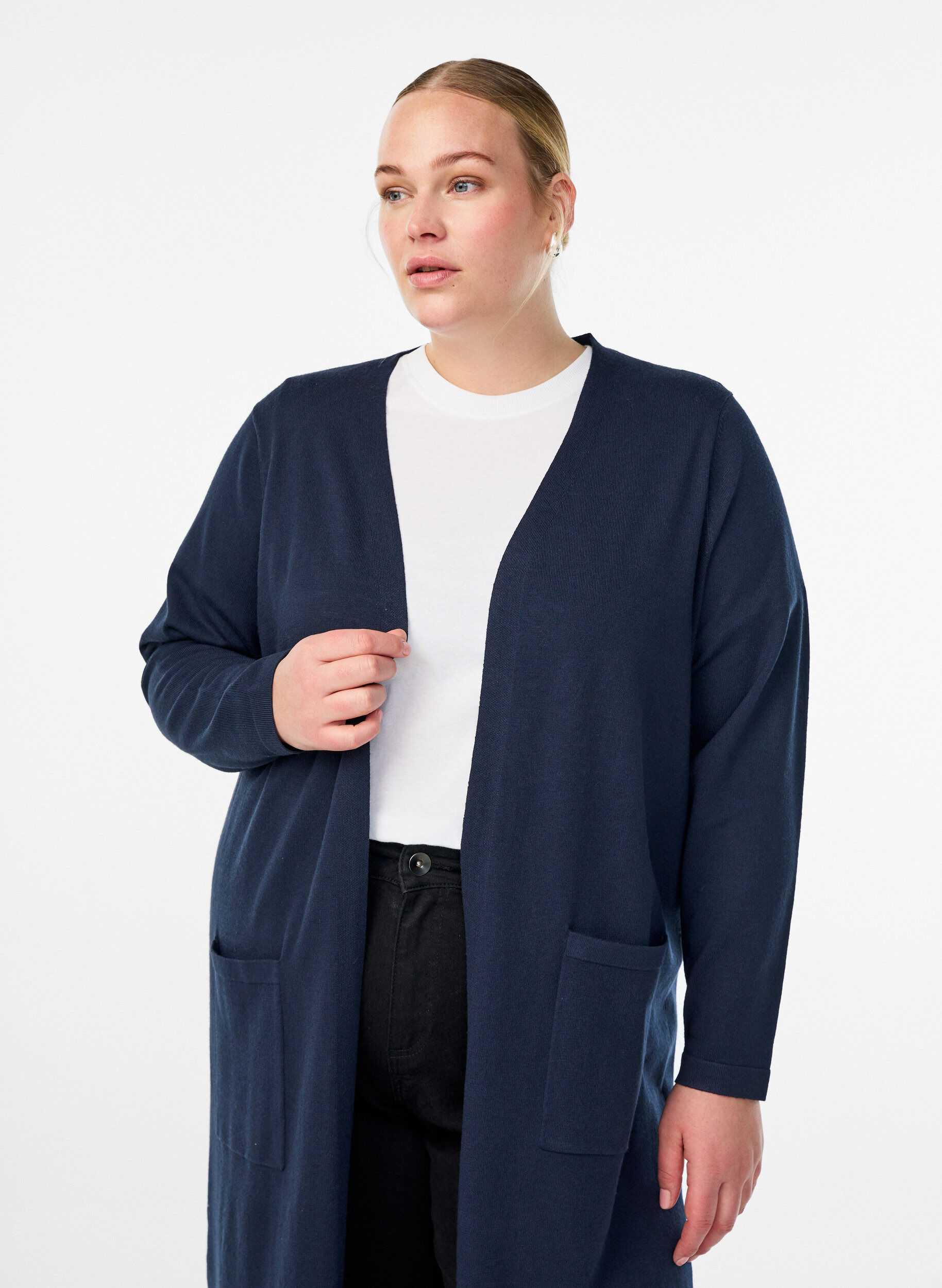 Zizzifashion Long, open cardigan with pockets, Blue, Model image number 2