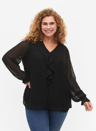 Blouse with ruffles and dotted texture, Black, Model image number 0