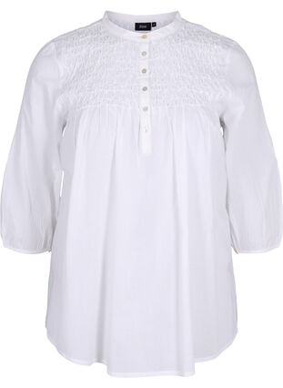 Cotton blouse with 3/4 sleeves and smock, Bright White, Packshot image number 0