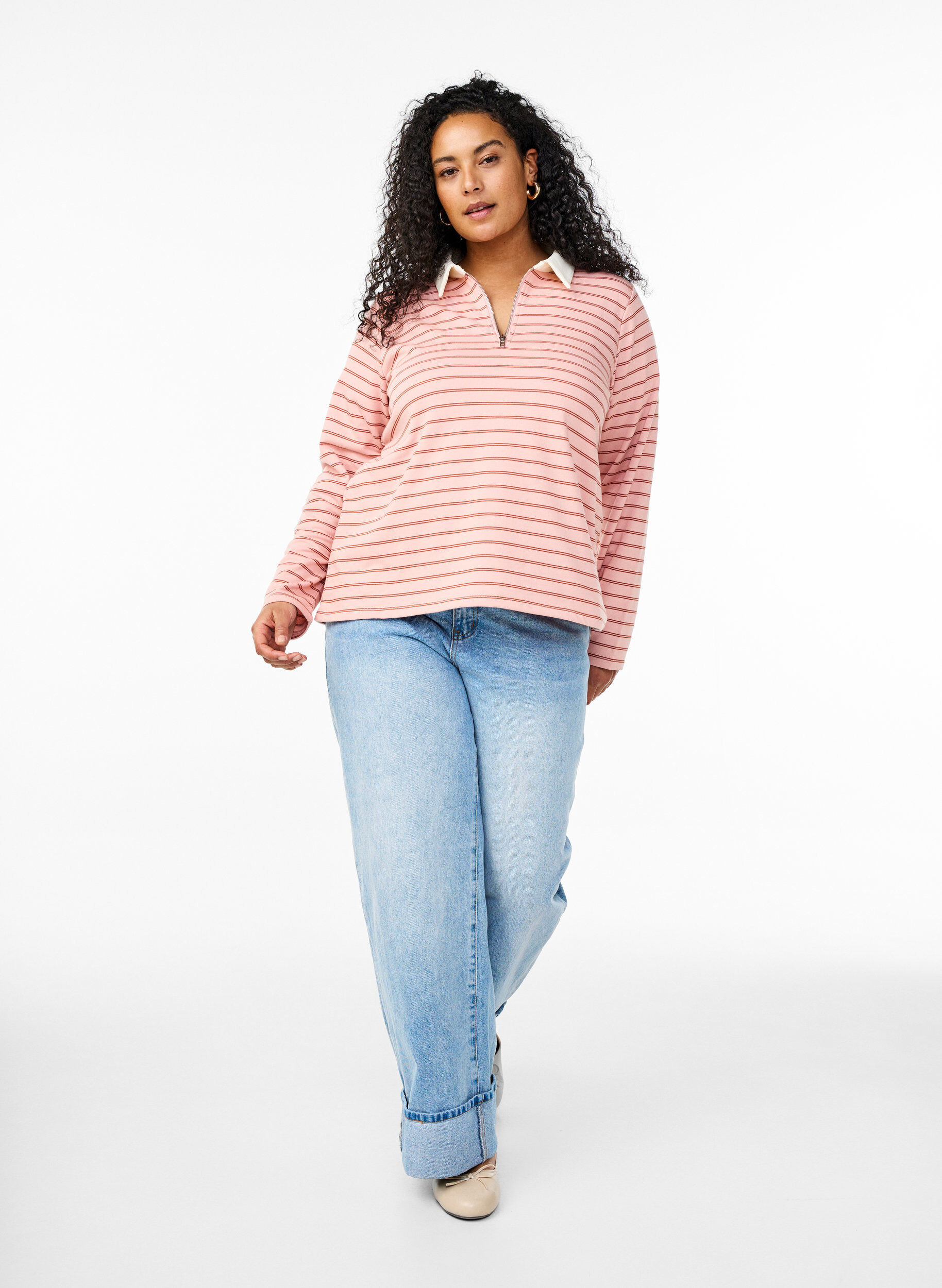 Zizzifashion Striped polo shirt with zipper, Red, Model image number 1