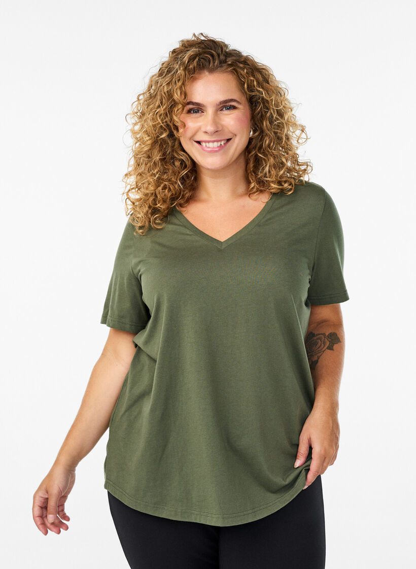 Short-sleeved t-shirt with v-neck, Green, Model image number 0