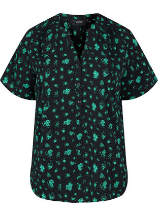 Printed blouse with short sleeves, Green Flower AOP, Packshot image number 0