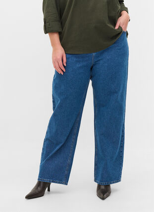 High-waisted straight leg jeans, Blue denim, Model image number 2