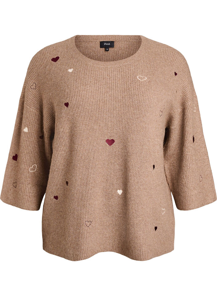 Jumper with hearts and 3/4 sleeves, Brown, Packshot image number 0