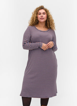 Striped dress with slits, Mahogany/Navy Stripe, Model image number 0