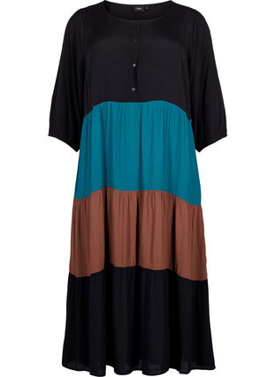 Viscose dress with colorblock pattern, Brown Green Block, Packshot image number 0