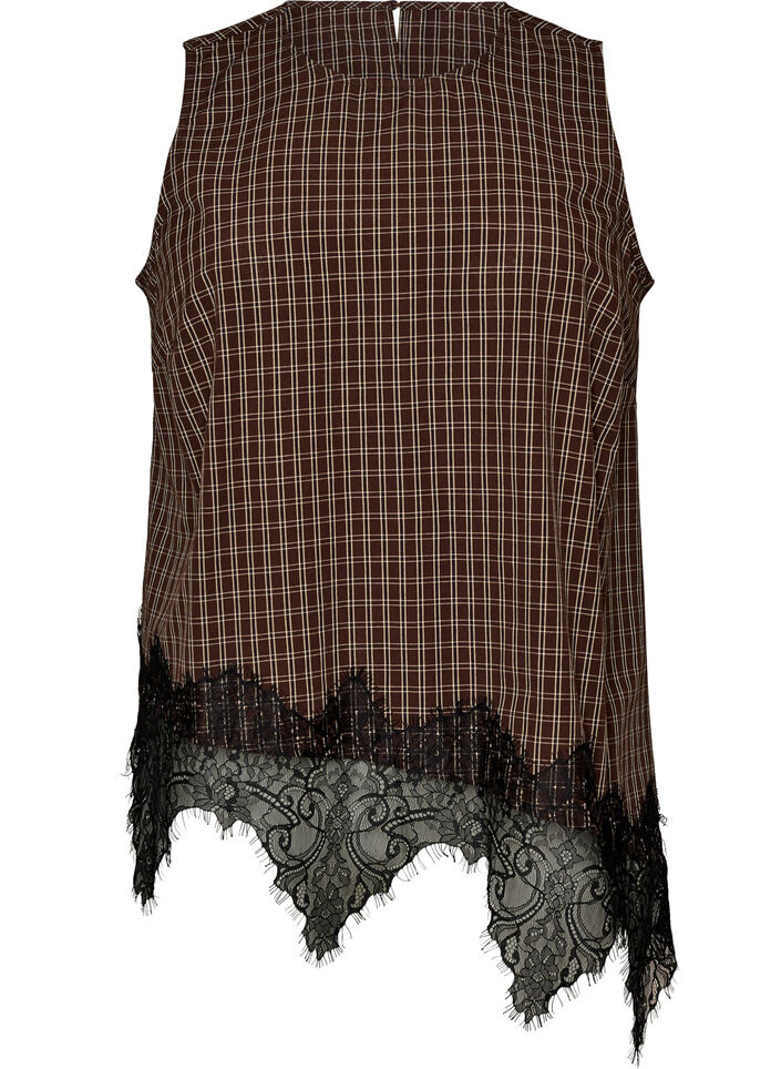 Checked top with asymmetric lace trim, Brown, Packshot