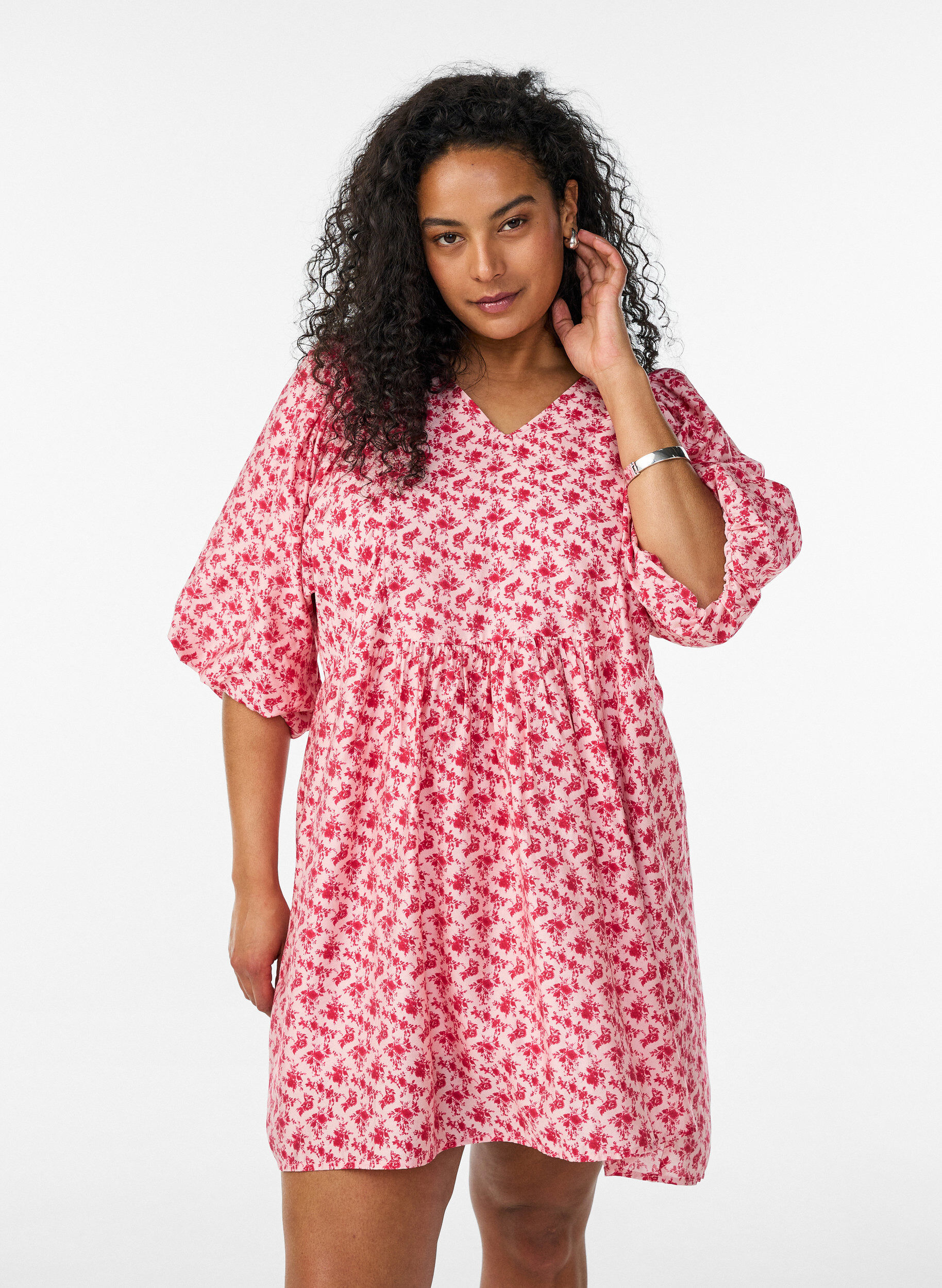 ZizzifashionShort viscose dress with an empire line and balloon sleeves, Red, Model image number 0