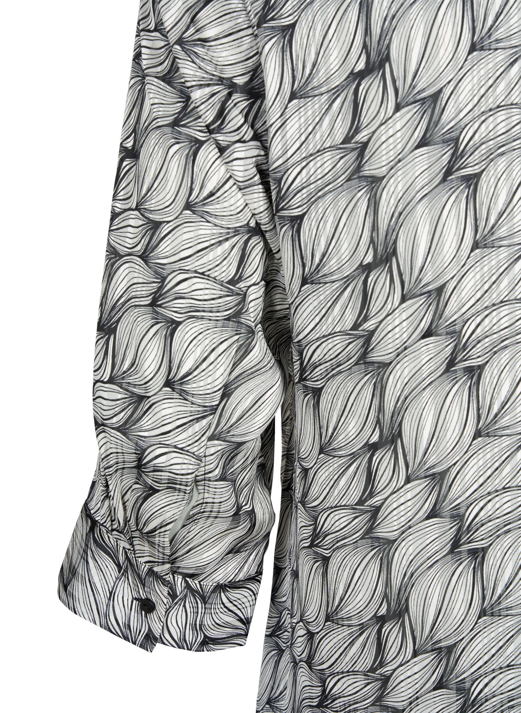 Zizzifashion Printed blouse with 3/4 sleeves, Black White Leaf, Packshot image number 3