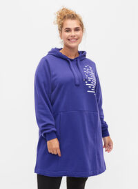 Long sweatshirt with hood and pockets, Deep Blue, Model