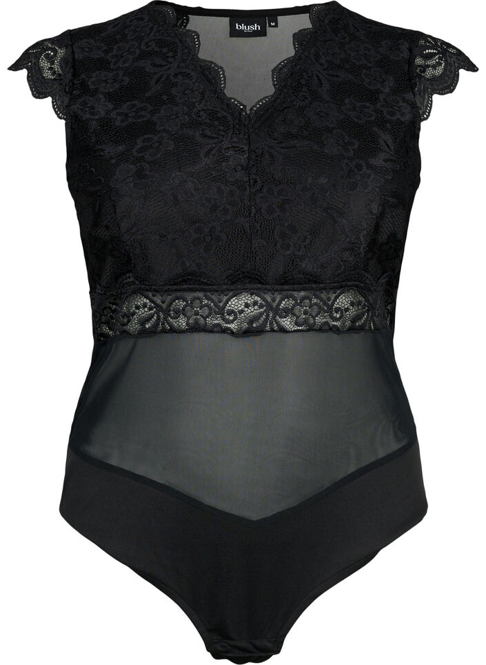 Bodystocking with lace and v-neckline, Black, Packshot image number 0