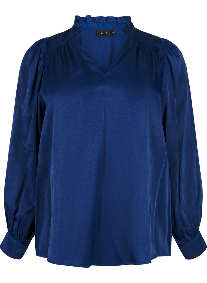 Long-sleeved blouse with ruffles and v-neck, Estate Blue, Packshot image number 0