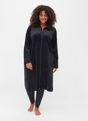 Velour bathrobe with zipper, Black, Model image number 2
