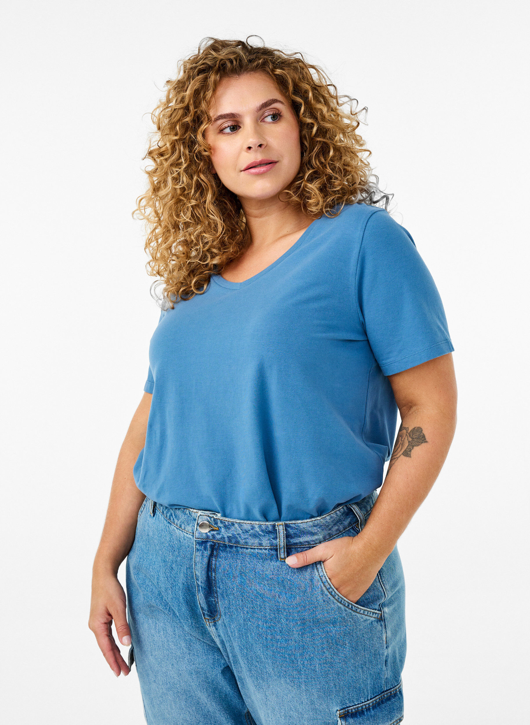 ZizzifashionBasic plain cotton t-shirt, Blue, Model image number 0