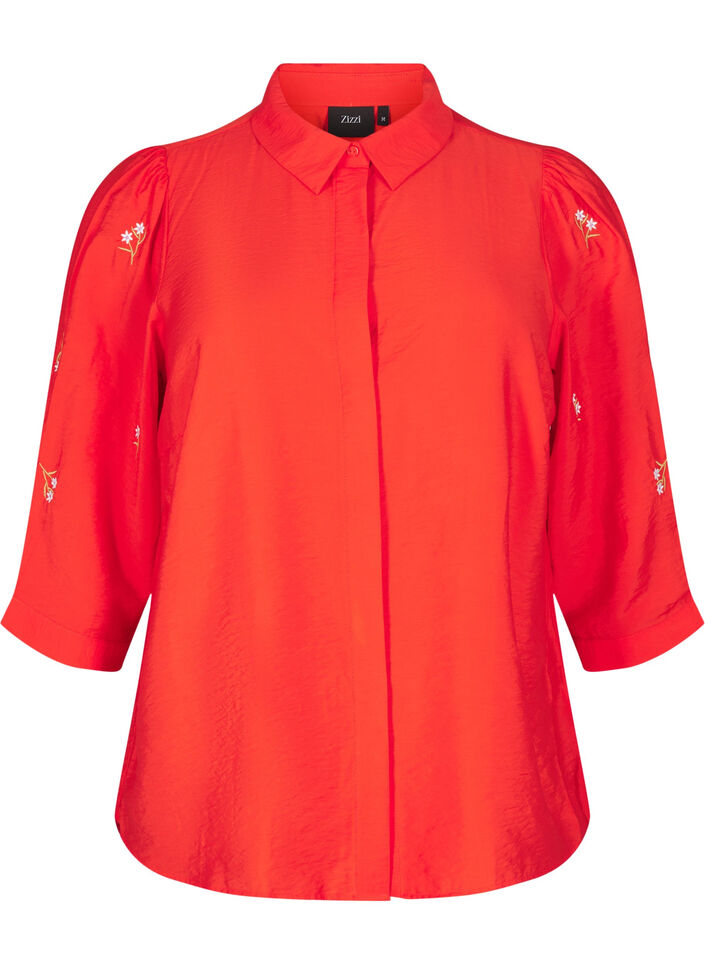 Blouse with 3/4 sleeves and floral embroidery, Flame Scarlet, Packshot image number 0